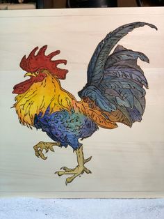 Pyrography & Watercolor on Maple Rooster Tattoo, Rooster Art, Animal Art, Rooster, Cute Animals, Animals, Quick Saves, Art