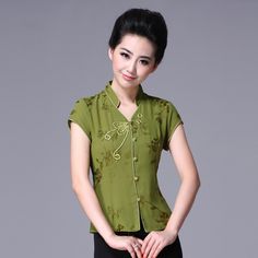 Open Neck Oriental Style Short Shirt - Green - Chinese Shirts & Blouses - Women Blouse Dress Outfit, Cheongsam Top, Tang Suit, Womens Summer Shorts, Short Shirt, Open Neck