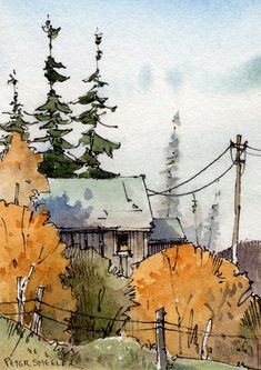 a watercolor painting of an old house in the fall with trees and power lines