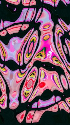 an abstract painting with pink, yellow and blue colors on black background that looks like liquid paint