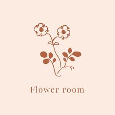 the flower room logo is shown on a pink background with brown and white flowers in it