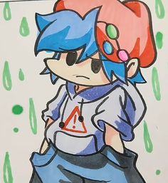 a drawing of a cartoon character with blue hair and red eyes, wearing a white t - shirt