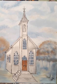 a painting of a church with stairs leading up to it