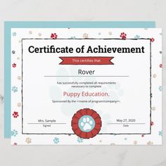 certificate of achievement with paw prints on it