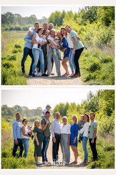 the family is posing for a photo in front of some tall grass and trees with their arms around each other