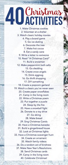 the christmas activities list is shown in blue and white, with snow covered trees behind it