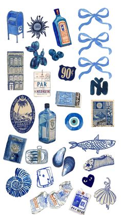 an assortment of blue and white items on a white background