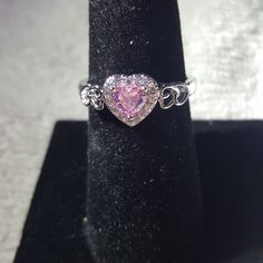 Pink Heart Gemstone & Cz Fashion Ring Sz 8 New Silver Heart-shaped Adjustable Crystal Ring, Adjustable Silver Heart-shaped Crystal Ring, Heart-shaped Cubic Zirconia Jewelry With Accent Stones, Crystal Rhinestone Promise Ring, Silver Heart Jewelry With Accent Stones, Silver Double Heart Jewelry With Rhinestones, Cubic Zirconia Heart-shaped Promise Ring, Valentine's Day Silver Crystal Gemstone Ring, Silver Double Heart Jewelry With Accent Stones