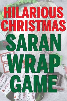 various christmas items on top of each other with the words saran wrap game in red and green