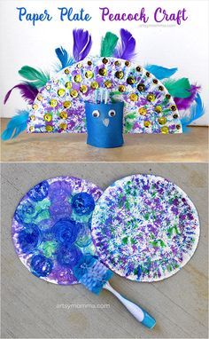 paper plate peacock craft for kids to make and use on the table with other crafts