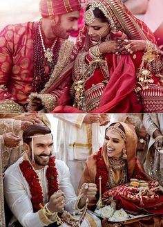 the newly married couple is posing for pictures in their red and gold wedding attires