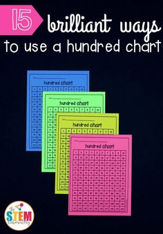 five different colored numbered sheets with the words brilliant ways to use hundred chart on them