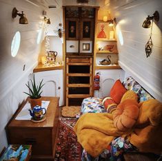 the interior of a tiny house with lots of lights