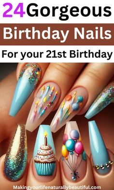 Looking for some bday nail ideas for your 21st birthday ? Then check out these 24 unique 21st Bday nail ideas. These are the best birthday manicure ideas perfect for short nails too. Birthday Nail Ideas With Rhinestones, 25 Birthday Nail Ideas, Fancy Birthday Nails, Birthdays Nails, Trendy Birthday Nails, Classy Birthday Nails, 21 Birthday Nails Designs, Birthday Nails Baddie, Birthday Nails Sagittarius