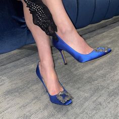 Regal, decadent, and unapologetically luxe, Manolo Blahnik's royal blue satin Hangisi pumps will lend the most decadent finish to any ensemble. Manolo Blahnik Hangisi Blue, Manolo Blahnik Blue, Manolo Blahnik Hangisi, Manolo Blahnik Heels, Blue Pumps, Satin Pumps, Fashion Wishlist, Blue Satin, Manolo Blahnik