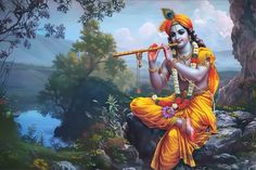 a painting of a hindu god holding a flute in his hand and sitting on a rock