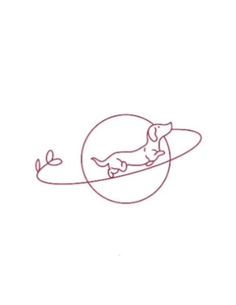 a line drawing of a dog sleeping on top of a planet with the moon in the background