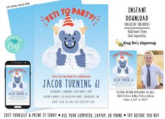 a flyer for a birthday party with an image of a bear wearing a hat and holding a