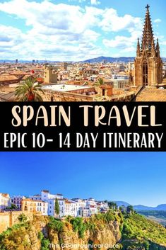 spain travel guide with text overlaying it and the image of an old town