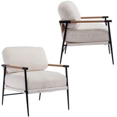 two chairs with black legs and white upholstered cushions, one in the shape of a reclining chair