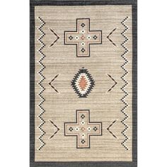 a rug with an southwestern design on the front and back side, in grey tones