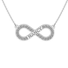 Add a personal touch to this infinity necklace, featuring your engraved name accented by the timeless Greek key design. Available in solid gold or sterling silver, this necklace is a beautiful expression of eternal connection and personal identity. Elegant Silver Infinity Name Necklace, Infinity Engraved Necklaces For Anniversary, Infinity Sterling Silver Engraved Necklace, Personalized White Gold Infinity Necklace, Engraved Infinity Necklace For Anniversary, Silver Engraved Infinity Necklace, Sterling Silver Infinity Necklace Engraved, Engraved Sterling Silver Infinity Necklace, Anniversary Engraved Infinity Necklace