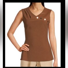 Dkny Solid Knit Asymmetric Neck Sleeveless Button Embellished Top Size S New With Tag Nwt Chic Asymmetrical Tops With Button Closure, Chic Asymmetrical Top With Button Closure, Chic Asymmetrical Top With Buttons, Embellished Top, Donna Karan, Dillard's, Brown Gold, Latest Trends, Long Sleeve Blouse