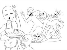 an image of cartoon characters in the middle of a line art scene with one person holding a plate