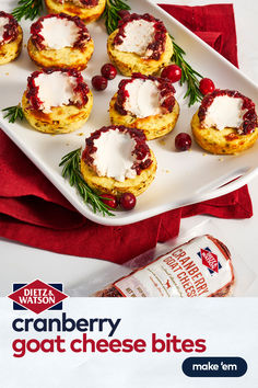 an advertisement for cranberry goat cheese bites on a white plate with red napkin