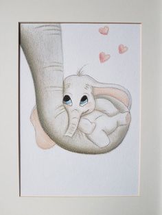 an elephant and its baby are in a white frame with hearts on the wall behind them