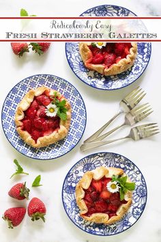 three blue and white plates with strawberries on them, one has a strawberry pie in it