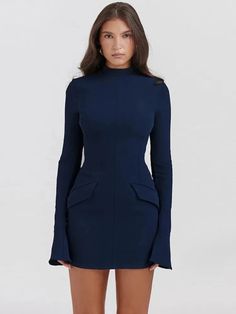 You are guaranteed to look all kinds of chic in this Cold Hearted Long Sleeve Mini Dress. Brought to you in a PU hue material with pocket designs and a mini style, what more could you want? This dress is sure to take your weekend style game to a whole new level! Just add heels and some luxe accessories to elevate the l Fitted High Neck Bodycon Dress With Back Zipper, Fitted Blue Bodycon Dress With Back Zipper, Club Party Dresses, Body Con Dress, Mini Dresses For Women, Blue Mini Dress, Women Cargos, Luxury Dress, Fashion Streetwear