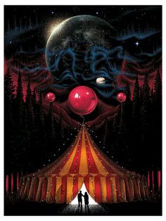 two people standing in front of a circus tent under a giant red balloon with the moon above it