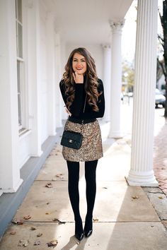 Woman Holiday Outfit, Casual Office Party Outfit Winter, Holiday Sequin Skirt Outfit, Semi Formal Outfits For Women Winter Holiday Parties, Coated Jeans Outfit Evening, Office Holiday Dinner Outfit, Sparkly Skirt Outfit New Years, Holiday Sequin Outfit, Holiday Skirt