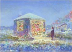 a painting of a person standing in front of a small building with flowers on it