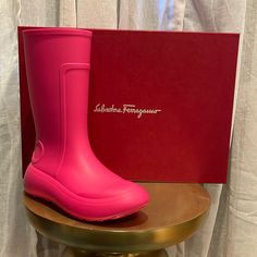 Size 7 But Fits 7.5 Pink Rain Boots Brand New Come With Box And 2 Dust Bags Never Been Worn Made In Italy Pink Rain Boots, Quilted Boots, Leather Knee Boots, Salvatore Ferragamo Shoes, Womens Rain Boots, Tall Leather Boots, Boot Brands, Fur Boots, Mid Calf Boots