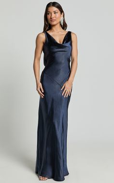 Adilah Maxi Dress - Cowl Neck Satin Dress in Navy | Showpo USA Cowl Neck Dress Pattern Free, Cowl Neck Dress Pattern, Cowl Neck Satin Dress, Navy Blue Satin Dress, Navy Slip Dress, Blue High Neck Dress, Wedding Guest Dress Inspiration, Navy Prom Dress, Navy Satin Dress