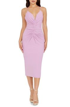 This endlessly elegant sleeveless midi is designed in a lavender hue and fronted with romantic rippled ruching. 34" center front length (size Medium) Hidden back-zip closure Plunge neck Spaghetti straps Back vent Lined 90% polyester, 10% spandex Machine wash, line dry Imported Sleeveless Solid Midi Dress With Ruched Bodice, Solid Sleeveless Midi Dress With Ruched Bodice, Elegant Purple Sleeveless Midi Dress, Elegant Lavender Ruched Dress, Chic Purple Ruched Midi Dress, Fitted Lavender Ruched Dress, Lavender Sleeveless Midi Dress For Formal Occasions, Feminine Fitted Lavender Midi Dress, Feminine Lavender Fitted Midi Dress