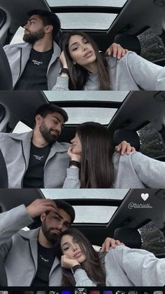 a man and woman sitting in the back seat of a car looking at each other