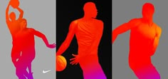 three different colored images of a man holding a basketball