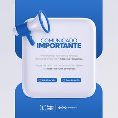 a blue and white advertisement with a bullhorn on it's side, in spanish