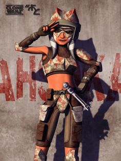 a woman in a star wars outfit holding two swords and standing next to a wall