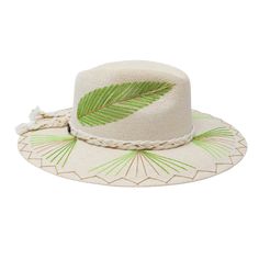 Natural Palm Wide Brim Hat with Complex Feather Design (Green) by Corazon Playero. Custom designed and hand made hats by artisans in San Jose Del Cabo, Mexico. These hats are one size fits most with an elastic band inside to add comfort and fit for all head sizes. Each hat has a 3-4 week turnaround. Please note, all hats come with natural braid unless custom braid is purchased. Beach Hats With Feathers And Wide Brim, Wide Brim Beach Hat With Feathers, Green Wide-brim Toquilla Straw Hat, Green Wide Brim Toquilla Straw Hat, Feathered Hat Bands For Beach With Curved Brim, Feathered Hat Bands With Curved Brim For The Beach, Green Bohemian Fedora Panama Hat, Artisan Green Hat With Flat Brim, Artisan Hat With Feathers And Curved Brim