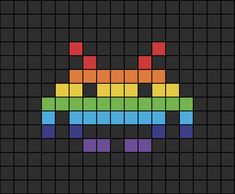 A pixel art template of a rainbow crab invader from Space Invaders the arcade game. Earth Pixel Art, Outer Space Perler Bead Patterns, Space Invaders Aesthetic, Space Invaders Art, Space Invaders Cross Stitch, Space Invaders Game, Modele Pixel Art, Easy Perler Bead Patterns, Eastern Star