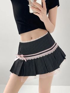 Lace trim, Vintage pinstripes, Cute bow, Low waist, Safe pants inside Material: Polyester Color: Pink, Blue, Grey Size: S, M, L Unit: CM Waist Length S 68 27 M 72 28 L 76 29 Tips: 1cm ≈ 0.3937 inch Kindly note: There may be 2-3cm error due to manual measurement. If you need size help, please drop us a message.  Contact Fitted Striped Skort With Pleated Skirt, Striped Fitted Pleated Mini Skirt, Fitted Vertical Stripes Mini Skirt, Harajuku Style Pleated Skort For Spring, Harajuku Pleated Mini Skirt, Harajuku Mini Pleated Skirt, Harajuku Style Pleated Bottoms For School, Harajuku Style Pleated School Bottoms, Trendy Striped Mini Skirt Bottoms