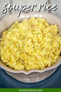 a bowl filled with rice on top of a counter next to the words souper rice ready in 10 minutes