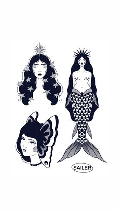 three mermaids with long hair and stars on them