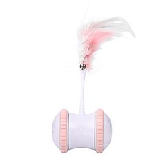 a pink and white hair dryer with feathers sticking out of it's head