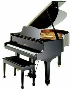 a grand piano and stool are shown against a white background