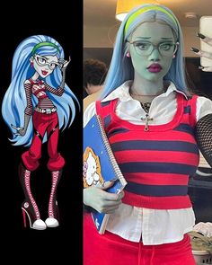 a woman with blue hair and glasses holding a book next to an image of herself